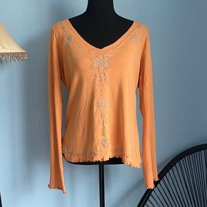 Stamp 10 Y2K Large Embroidered V-Neck Orange Long Sleeve Tee 100% Cotton